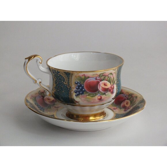 Paragon Orchard Fruit Tea Cup Saucer Pattern Turquoise Green Gold gilt teacup - Picture 3 of 14